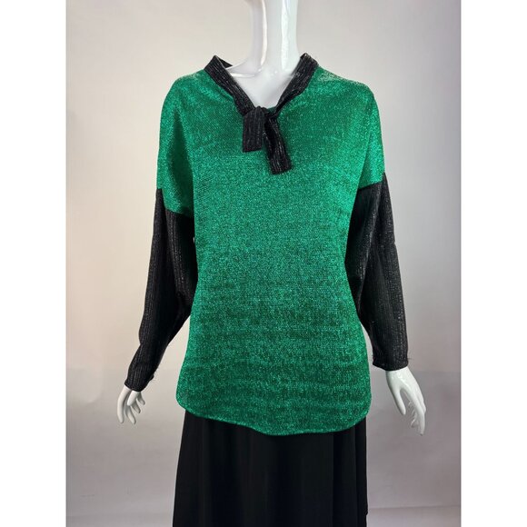 Vintage Green & Black Metallic Knit Long-Sleeve Top With Tie-Neck Detail - Picture 8 of 16